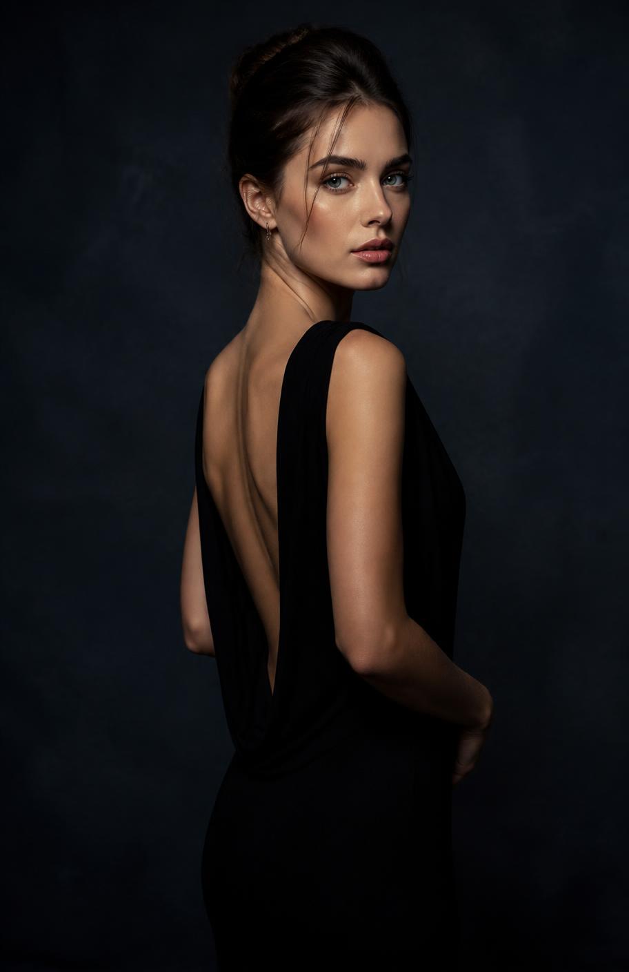 Editorial portrait in a dark studio with soft side lighting